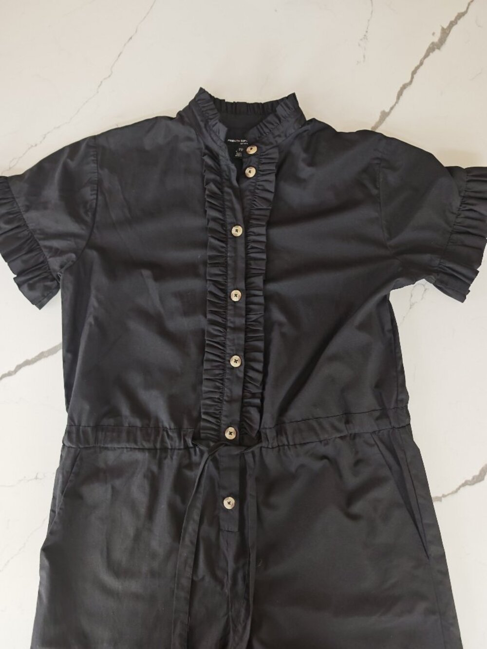 French Connection Black Ruffle Button Front Romper Dress Size 4 | Cinched Waist - Picture 5 of 11